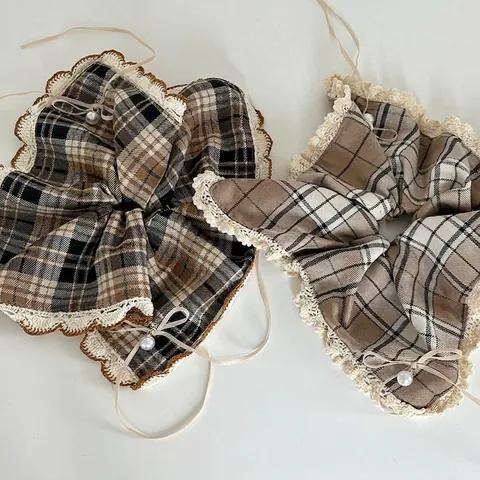 Scrunchie Vintage a Quadri in Pizzo con Fiocco e Perla Artificial in Misto Cotone Grande Elastico per Capelli Stile Francese Donna Accessori