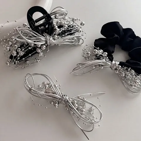 Elegante Molletta per Capelli Fiocco Catena a Sfere Argento Set Scrunchie in Raso Nero Pinza per Capelli Moda Donna