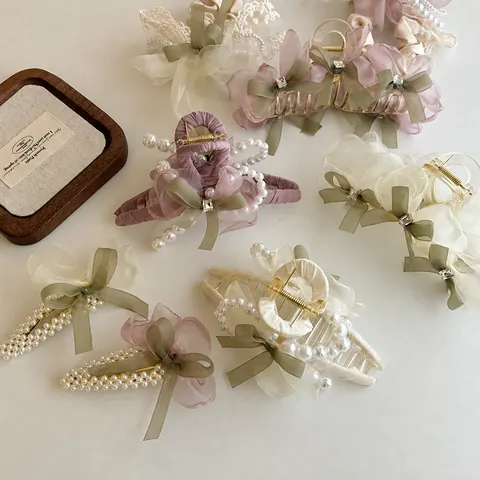 Elegante Pinza per Capelli con Fiocco in Rete per Donna Con Decorazione in Perle Artificiali e Strass Accessori per Capelli