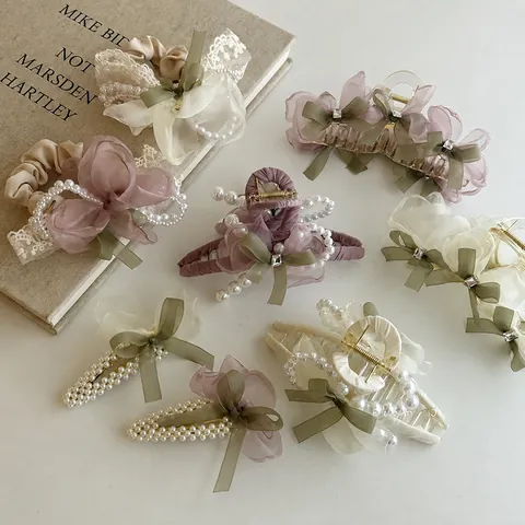 Elegante Pinza per Capelli con Fiocco in Rete per Donna Con Decorazione in Perle Artificiali e Strass Accessori per Capelli