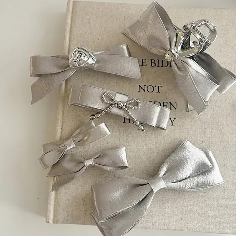 Silver Large Bow Hair Clip Mercerized Satin Heart Rhinestone Hair Claw Fashion Duckbill Clip For Women Hair Accessories