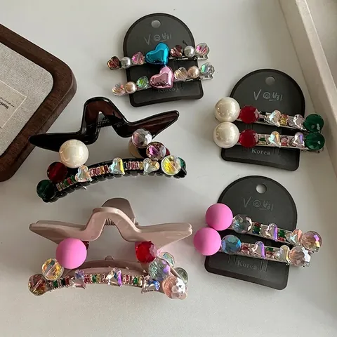 Fermaglio per Capelli in Acrilico con Strass Stile Coreano Perle Artificiali Stella Cuore Molletta di Fascia Alta per Donna