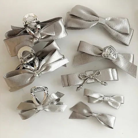 Silver Large Bow Hair Clip Mercerized Satin Heart Rhinestone Hair Claw Fashion Duckbill Clip For Women Hair Accessories