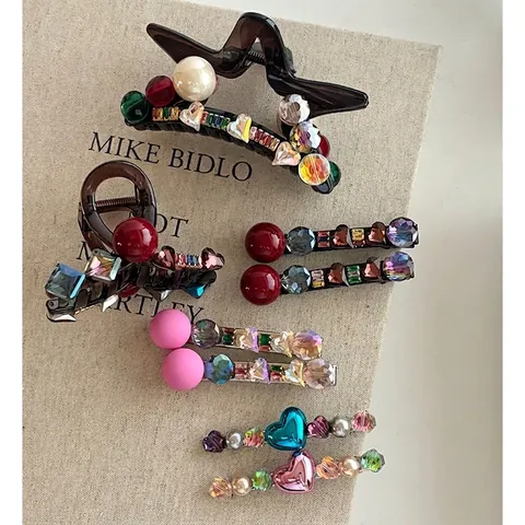Fermaglio per Capelli in Acrilico con Strass Stile Coreano Perle Artificiali Stella Cuore Molletta di Fascia Alta per Donna