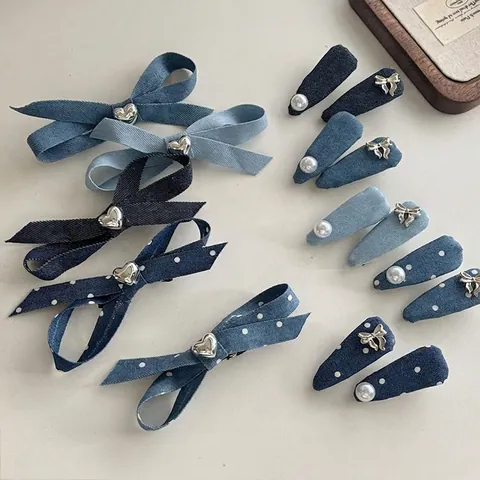 Fermagli per Capelli Denim Blu Vintage Fiocco Perla Artificial Decorazione Pois Tessuto Forcine per Capelli Donna Ragazze Accessori Moda