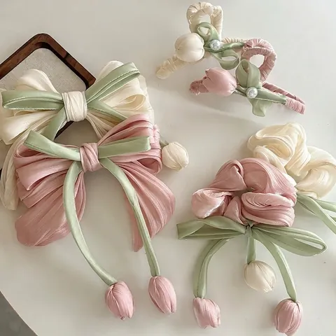 Barrettes à Cheveux en Satin à Nœud Tulipe Douces pour Femmes Élastiques à Cheveux Floraux Plissés Français Élégants Accessoires de Cheveux à Pince à Fleurs de Tulipe