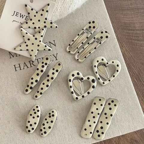 Sweet Preppy Polka Dot Metal Side Hair Clip Vintage Cream White Black Pink Enamel Geometric Heart Star Hairpins For Women