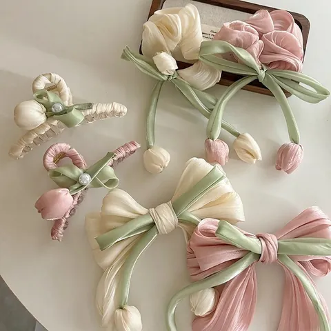 Barrettes à Cheveux en Satin à Nœud Tulipe Douces pour Femmes Élastiques à Cheveux Floraux Plissés Français Élégants Accessoires de Cheveux à Pince à Fleurs de Tulipe