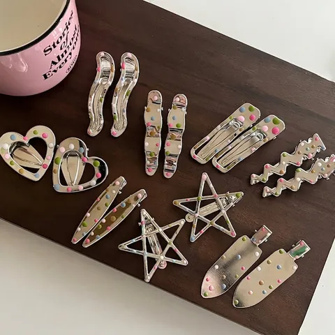 Fermagli per Capelli in Argento Metallico Con Pois Colorati Versatili Clip a Becco d'Anatra Carini Accessori per Capelli Geometrici per Donna Styling Quotidiano