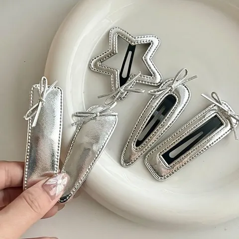 Sweet Silver PU Leather Bow Hair Clip Minimalist Geometric Metallic BB Clip For Women Girls Fashion Y2K Hair Accessories