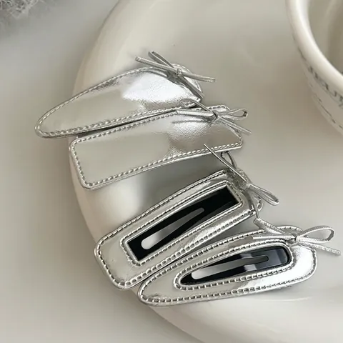 Sweet Silver PU Leather Bow Hair Clip Minimalist Geometric Metallic BB Clip For Women Girls Fashion Y2K Hair Accessories