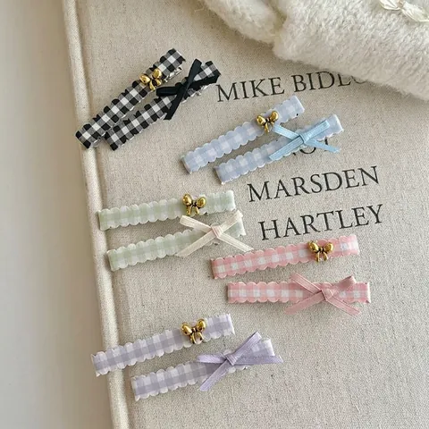 Süße Gingham Karo Schleife Haarspangen Set Für Damen Band Metall Schleife Wellenkante Entenschnabel Clips Haarschmuck
