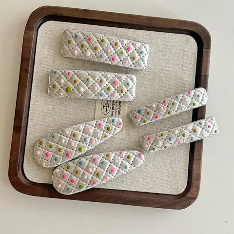 Silver PU Leather Quilted Polka Dot Hair Clip Rectangular Geometric Lattice Pattern BB Clip For Women Fashion Hair Accessories