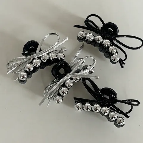 Acrylic Bowknot Hair Claw Clip With Silver Beads Fashionable Shark Clip Small Hairpin For Women Daily Commuting Headwear