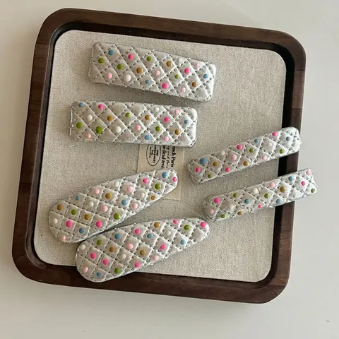 Silver PU Leather Quilted Polka Dot Hair Clip Rectangular Geometric Lattice Pattern BB Clip For Women Fashion Hair Accessories