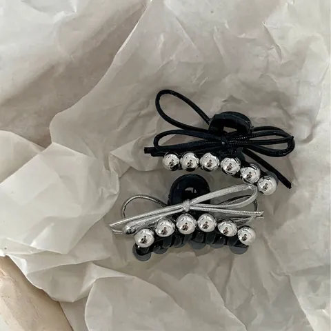 Acrylic Bowknot Hair Claw Clip With Silver Beads Fashionable Shark Clip Small Hairpin For Women Daily Commuting Headwear