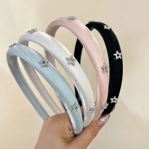 Cerchietto Imbottito in Satin Stile Coreano Con Stelle di Strass Dolce Fascia per Capelli Spessa Donna Accessori Moda