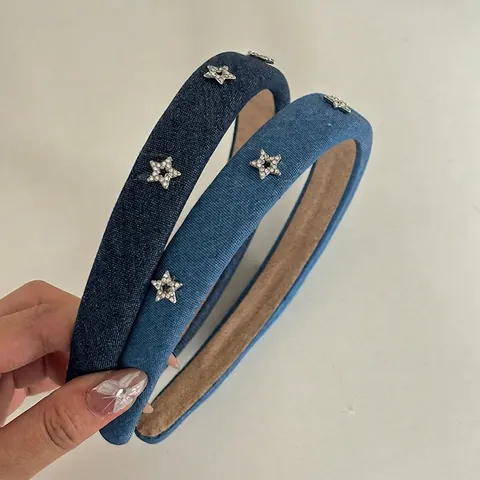 Retro Denim Fabric Headband With Rhinestone Star Decoration Fashionable Wide Hair Hoop For Women Daily Hair Accessories