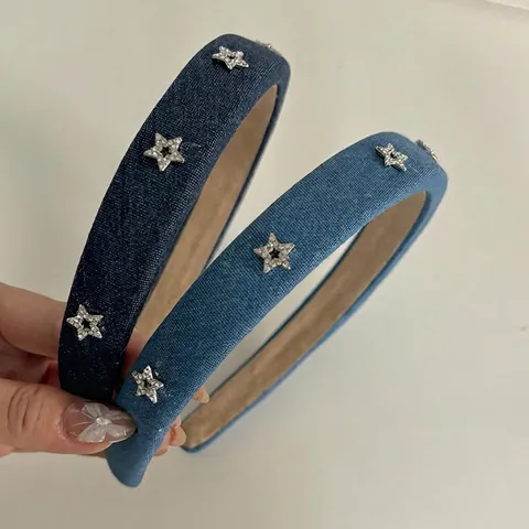 Retro Denim Fabric Headband With Rhinestone Star Decoration Fashionable Wide Hair Hoop For Women Daily Hair Accessories