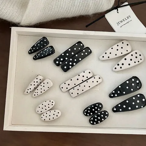 Barrettes à Cheveux en Cuir PU à Pois Blanc Crème Style Coréen Vintage Géométrique Ovale Rectangulaire Goutte d'Eau pour Femmes Accessoires Cheveux