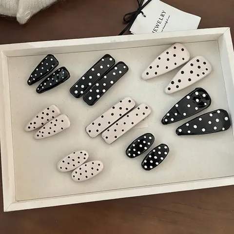 Barrettes à Cheveux en Cuir PU à Pois Blanc Crème Style Coréen Vintage Géométrique Ovale Rectangulaire Goutte d'Eau pour Femmes Accessoires Cheveux