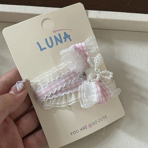 Set di Mollette per Capelli con Fiocco a Quadretti Dolce Coreano Rosa Pizzo Künstliche Perle Sintetiche Strass Cuore Forcine Elastici per Ragazze Donna Accessori per Capelli