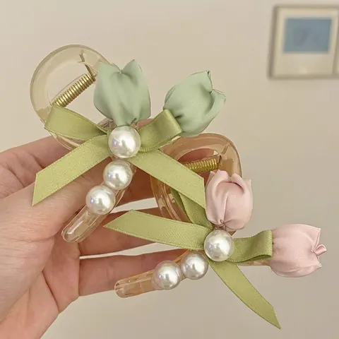 Pince à Cheveux Tulipe de Style Coréen Avec Fleur en Tissu Nœud en Ruban Fausse Künstliche Perle Pince à Cheveux Élégante Pour Femmes