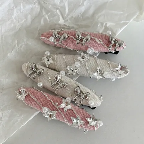 Dolce Molletta per Capelli Coreana in Rete Fiocco in Metallo Argentato Stella Strass Finta Perla Artificial Clip a Becco d'Anatra