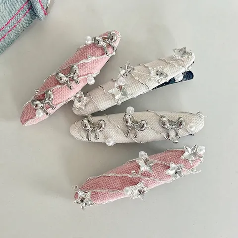 Dolce Molletta per Capelli Coreana in Rete Fiocco in Metallo Argentato Stella Strass Finta Perla Artificial Clip a Becco d'Anatra