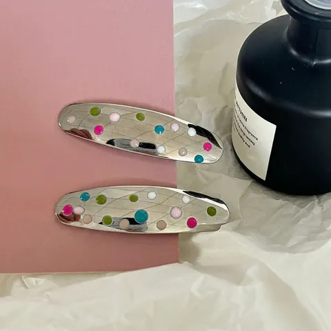 Set Mollette Capelli Ovali Argento Pois Colorati Lega Smalto Clip a Becco d'Anatra Accessori Capelli Moda per Donna