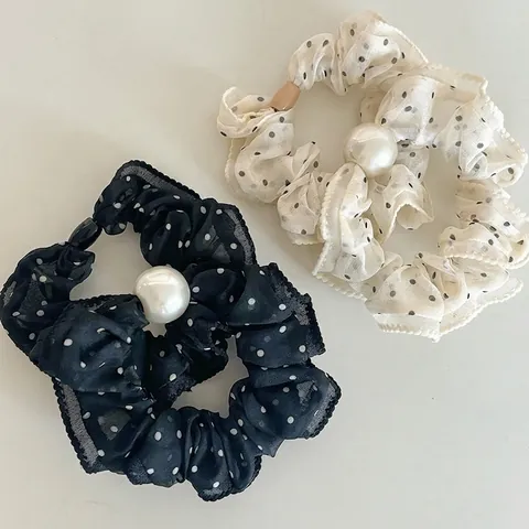 Scrunchies a Pois Moda Coreana Con Perla Artificial d'Imitazione Chiffon Rete Elastici per Capelli Donna Accessori Capelli Quotidiano Festa
