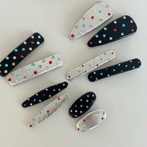 Fermaglio per Capelli in Pelle Artificiale con Strass Colorati Vintage per Donna Clip BB a Becco d'Anatra Geometrica