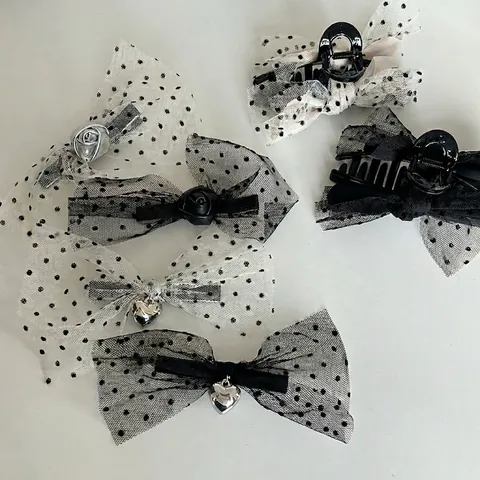 Eleganter Polka Dot Mesh Schleife Haarclip Koreanischen Stil Mesh Band Schleife Schnabelclip Herz Rose Blume Haarkralle Für Damen