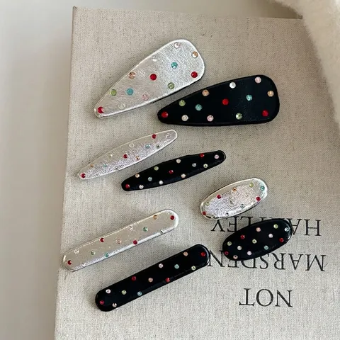 Fermaglio per Capelli in Pelle Artificiale con Strass Colorati Vintage per Donna Clip BB a Becco d'Anatra Geometrica