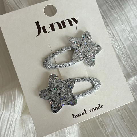 Fermagli per Capelli in Pelle Argento a Forma di Cuore e Stella Clip BB Glitterate Fatte a Mano per Donna e Ragazza Gioielli