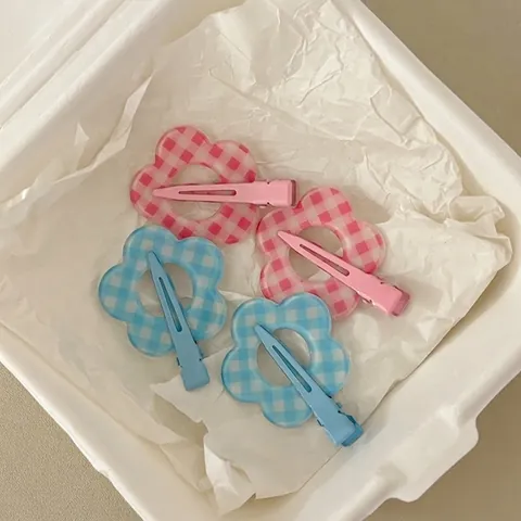 Süße Acryl Blume Haarclip Damen Mädchen Bedruckt Gingham Blumenmuster Entenschnabelclip Niedliche Koreanische Haarschmuck