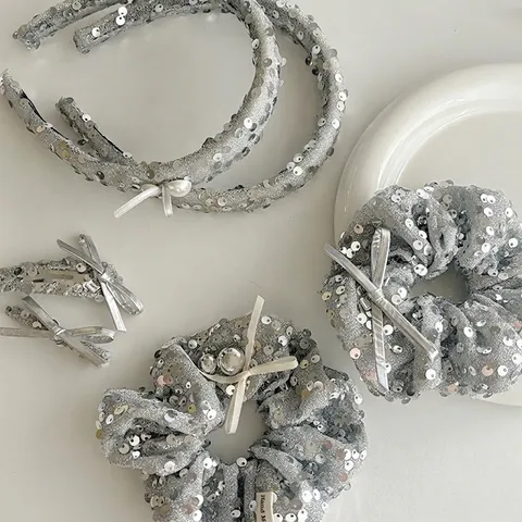 Fermagli per Capelli con Fiocco in Paillettes Argento Elegante Lucido Fatto a Mano Pin per Capelli in Nastro Moda Geometria Fermaglio Luccicante Accessori Gioielli Donna