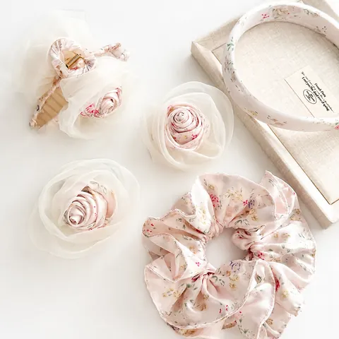 Sweet Pastoral Rose Flower Hair Clip For Women Pink White Bow Claw Clip Mesh BB Clip Floral Headband Handmade Hair Accessories