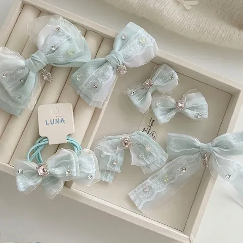 Juego de Pinzas para el Cabello con Lazo de Malla Azul de Ensueño para Mujeres Niñas Dulce Encaje Diamantes Accesorios