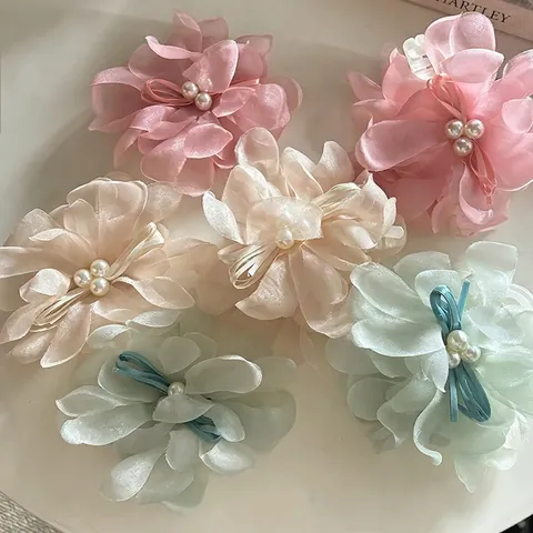Elegant Mesh Flower Hair Clip For Women Artificial Pearl Large Shark Clip Handmade Floral Hair Accessories Pink White Green
