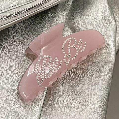 Fermaglio per Capelli in Acetato di Cellulosa con Scritte in Perle Balletcore Grande Clip a Squalo Vintage Francese