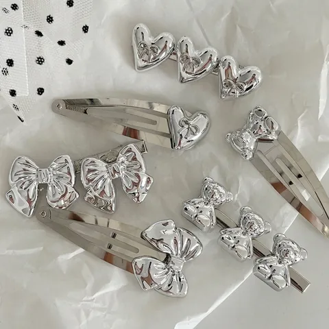 Pinzas para el Cabello de Aleación Metálica Plateada Corazón Oso Lazo Y2K Superficie de Espejo Clips BB para Niñas Mujer Joyería