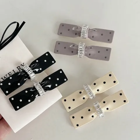 Fermaglio per Capelli a Fiocco con Pois Stile Coreano per Donna Elegante Clip a Becco d'Anatra in Resina con Strass