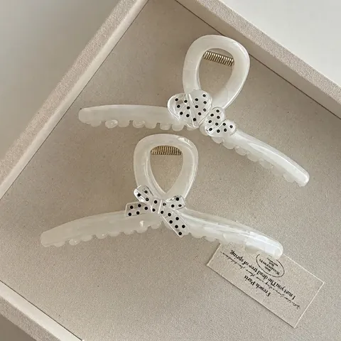 Molletta per Capelli in Acrilico alla Moda Bianco Nero a Pois Cuore Fiocco Design Stile Coreano Copricapo Fatto a Mano per Donna
