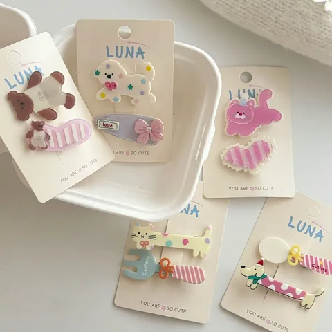 Cute Cartoon Animal Hair Clip Set For Girls Acrylic Resin Bear Dog Cat Cutlery Duckbill Bangs Clips Handmade Hair Accessories