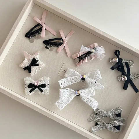 Sweet Lace Bow Hair Clips For Women Girls Elegant Sequin Rhinestone Faux Artificial Pearl Bangs Clip Fashion Hair Accessories