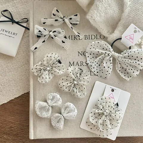 Dolci Fermagli per Capelli e Elastici in Chiffon Bianco per Ragazze Accessori per Capelli in Rete a Pois e Cuori con Strass