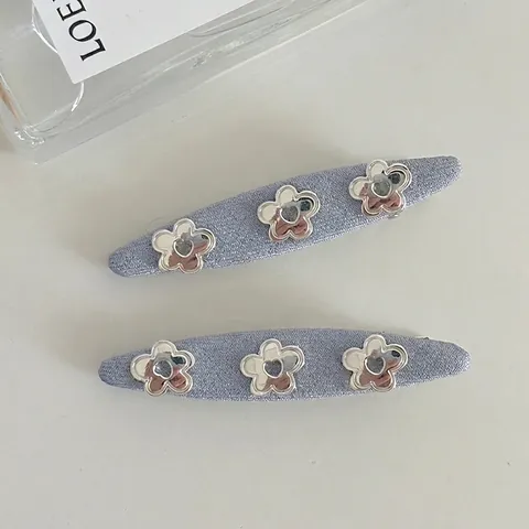 Denim Blue Fabric Wrapped Hair Clip With Silver Metal Flower Elegant Side Clip Bangs Clip For Women Fashion Hair Accessories