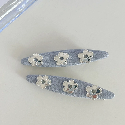 Denim Blue Fabric Wrapped Hair Clip With Silver Metal Flower Elegant Side Clip Bangs Clip For Women Fashion Hair Accessories