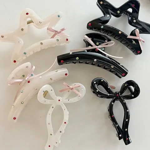 Französischer Vintage Acryl Schleife Stern Herz Haarkralle Clips Strass Band Bunte Haifisch-Clips Für Damen Mode Haarschmuck